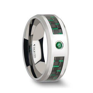 Tungsten Carbide Ring with Black and Green Carbon Fiber and Emerald - 8mm Sz 11